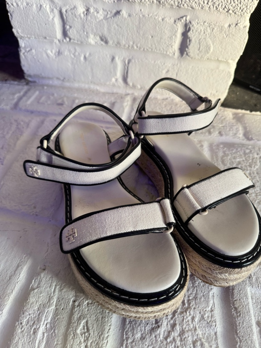 Tory Burch White and Black Espadrille Platform Sandals